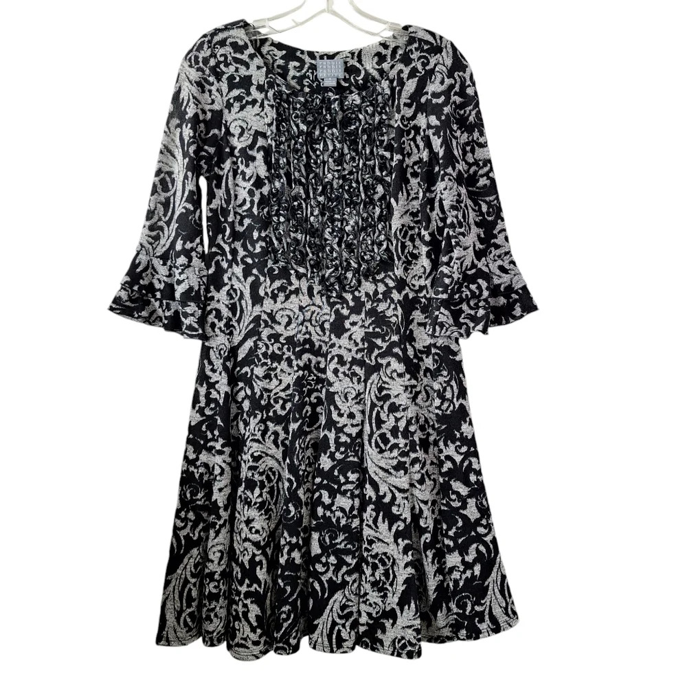 VTG Rabbit Rabbit Rabbit Sz 8 Petite Black Gray Ruffle Pleated Flare Lined Dress